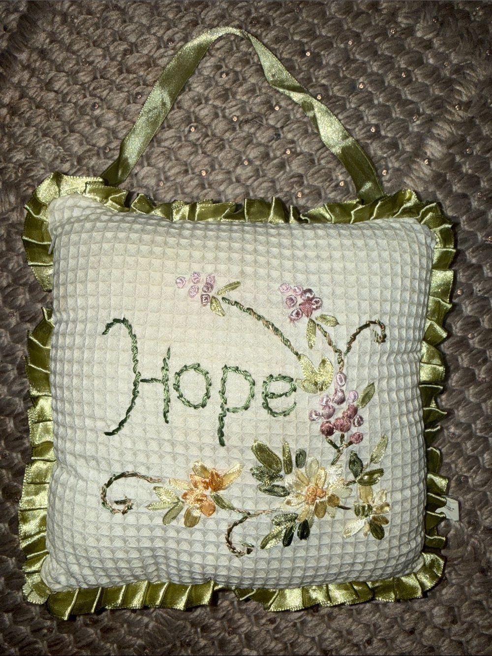 Embroidered 'Hope' Decorative Pillow - Olive Green Ruffled Edge